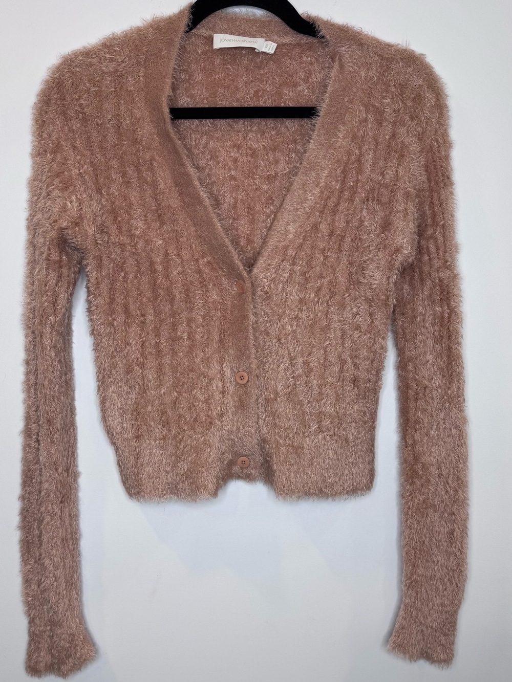 Jonathan Simkhai Maya feathered rib knit cropped cardigan sweater chai pink XS